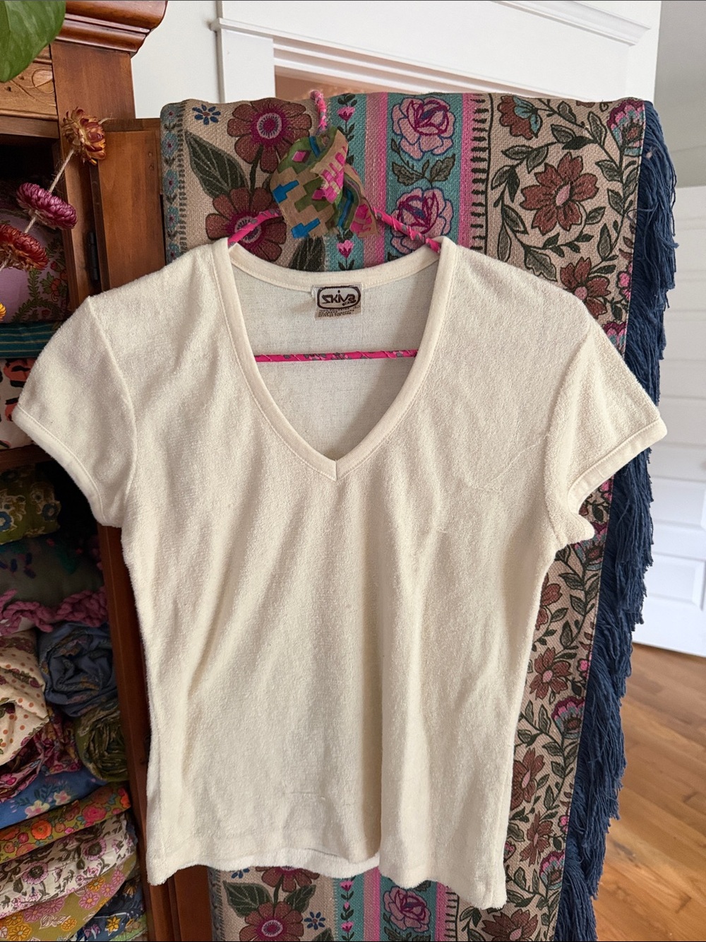 Cream V-Neck Terry Cloth Short Sleeve Top